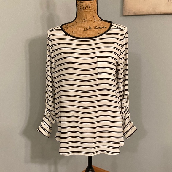 LOFT Tops - LOFT Navy and White Striped Blouse Women Size M Button-Tab Sleeve